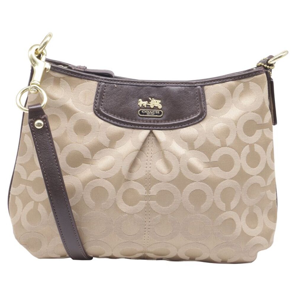 Coach Signature Zip Shoulder Bag in Beige Canvas and Leather